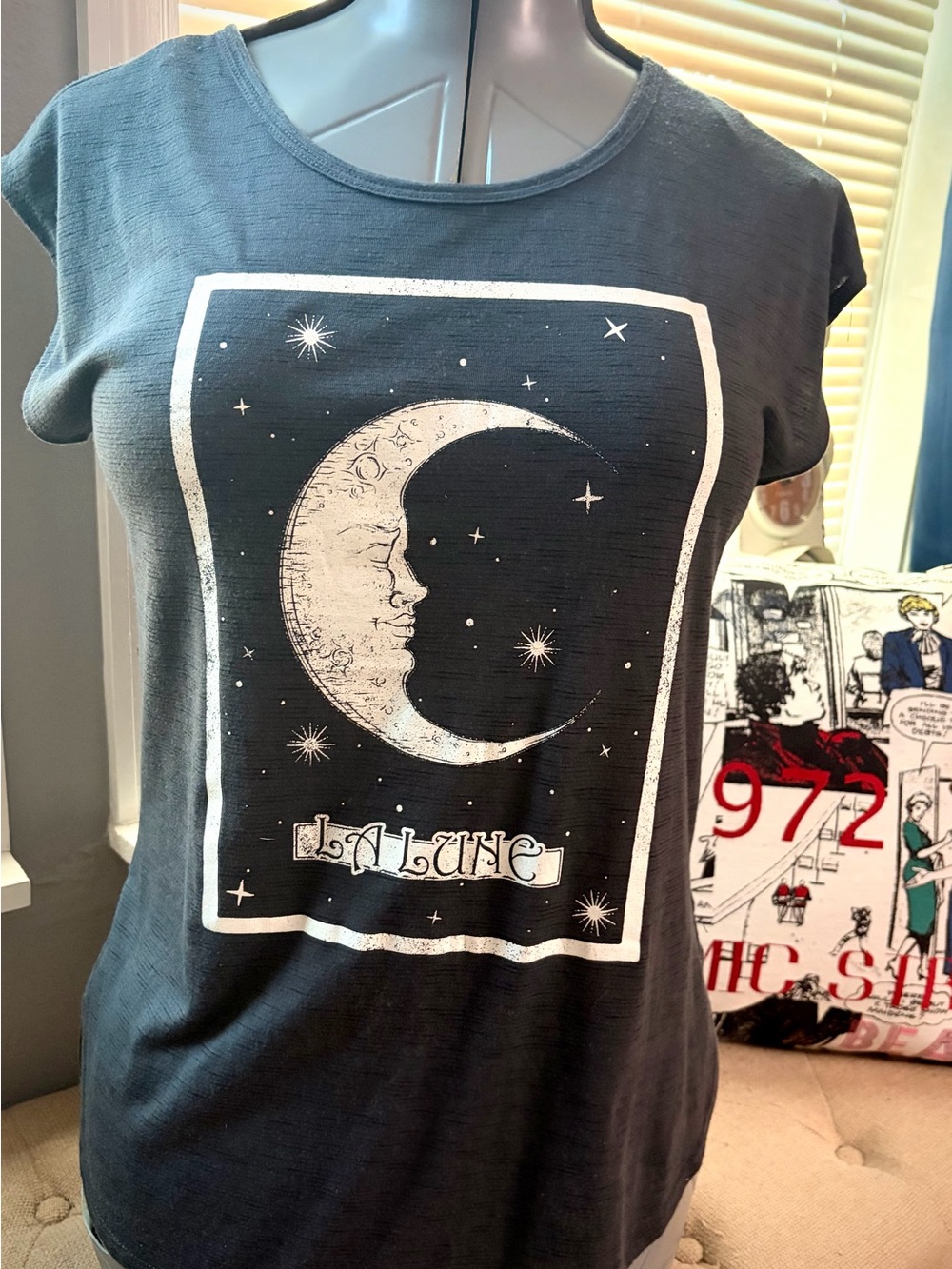 Graphic Moon Tee with "La Lune" Print - Dark Gray